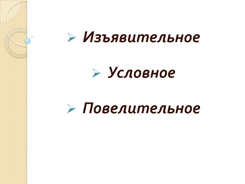 Изъявительное  Условное  Повелительное